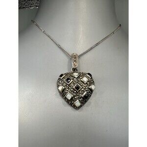 Vintage 925 Sterling Silver Mother Of Pearl & Marcasite Stone Heart Pendant 18”